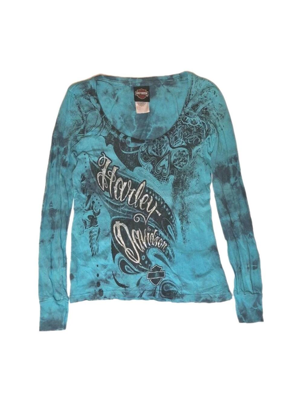 RARE VTG 1990s Harley Davidson Y2K Tie Dye Black Turquoise Long Sleeve Shirt XS